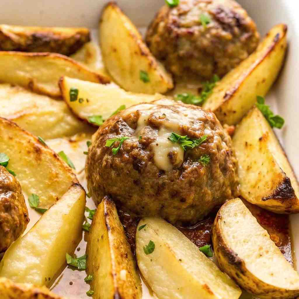 Sheet Pan Biftekia with Lemony Potato Wedges