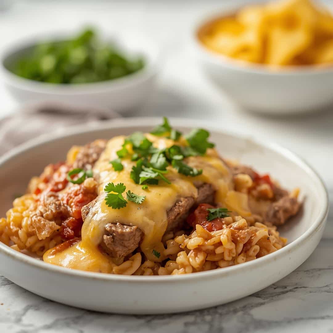 Creamy Queso Rice Steak Strips