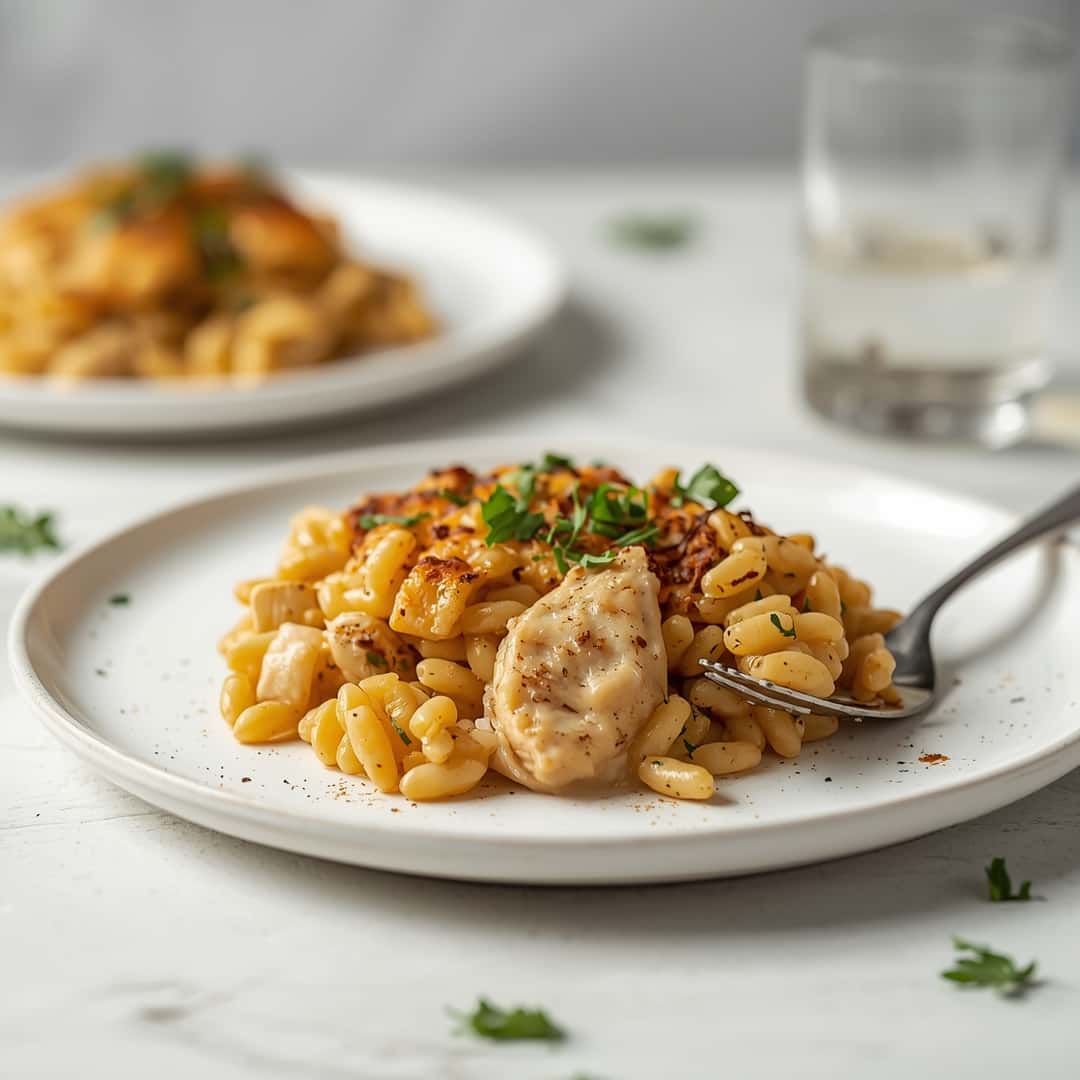French Onion Chicken Orzo Casserole