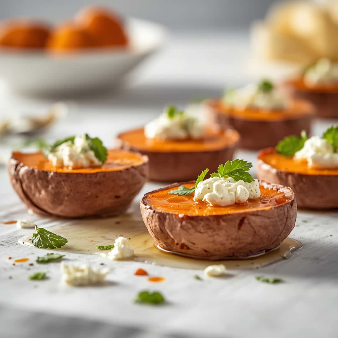 Roasted Sweet Potato Rounds Honey Feta