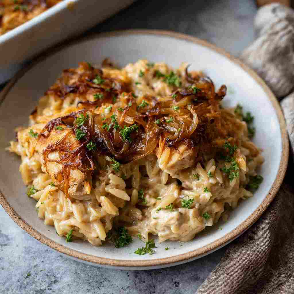 French Onion Chicken Orzo Casserole