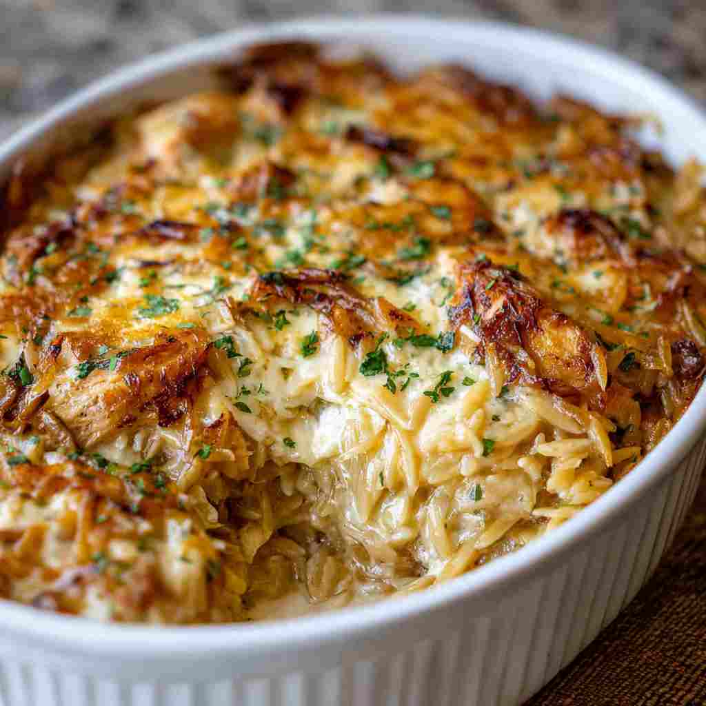 French Onion Chicken Orzo Casserole