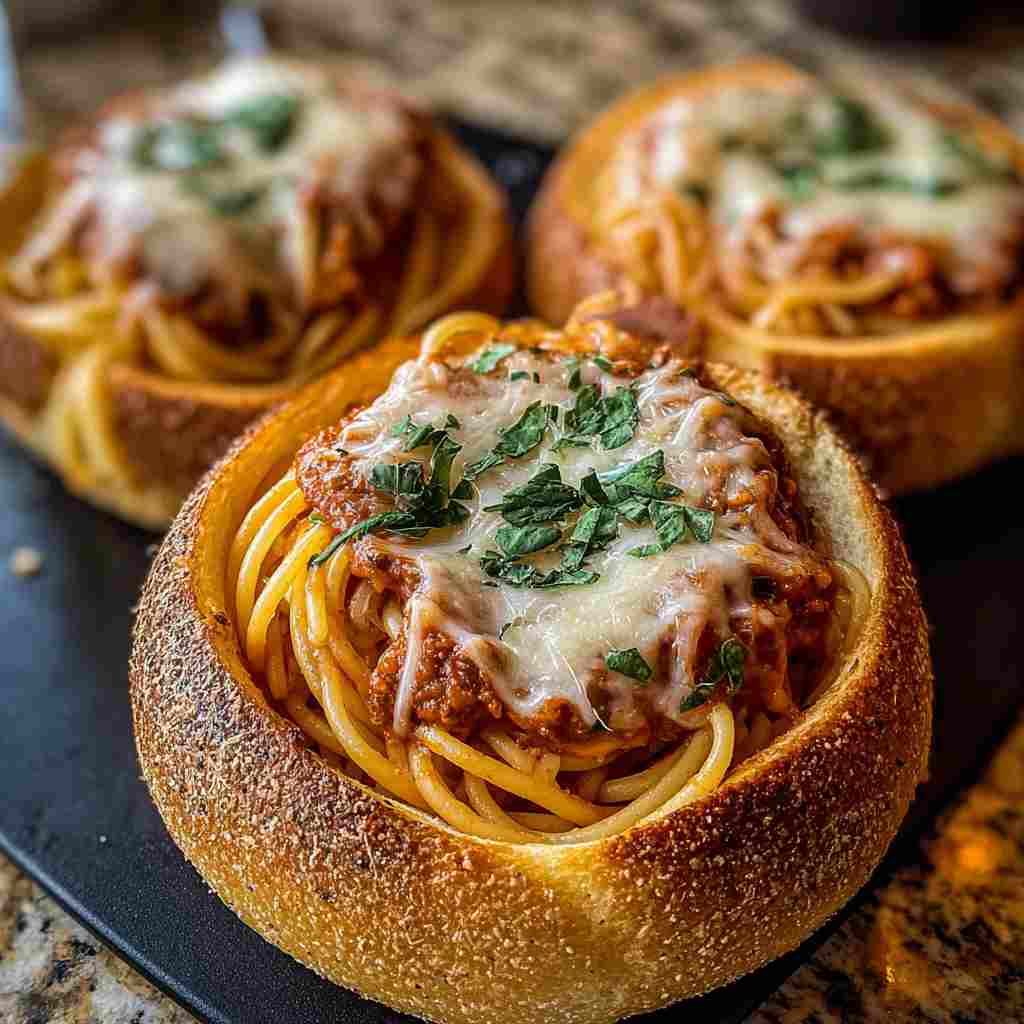 Spaghetti Garlic Bread Bowls