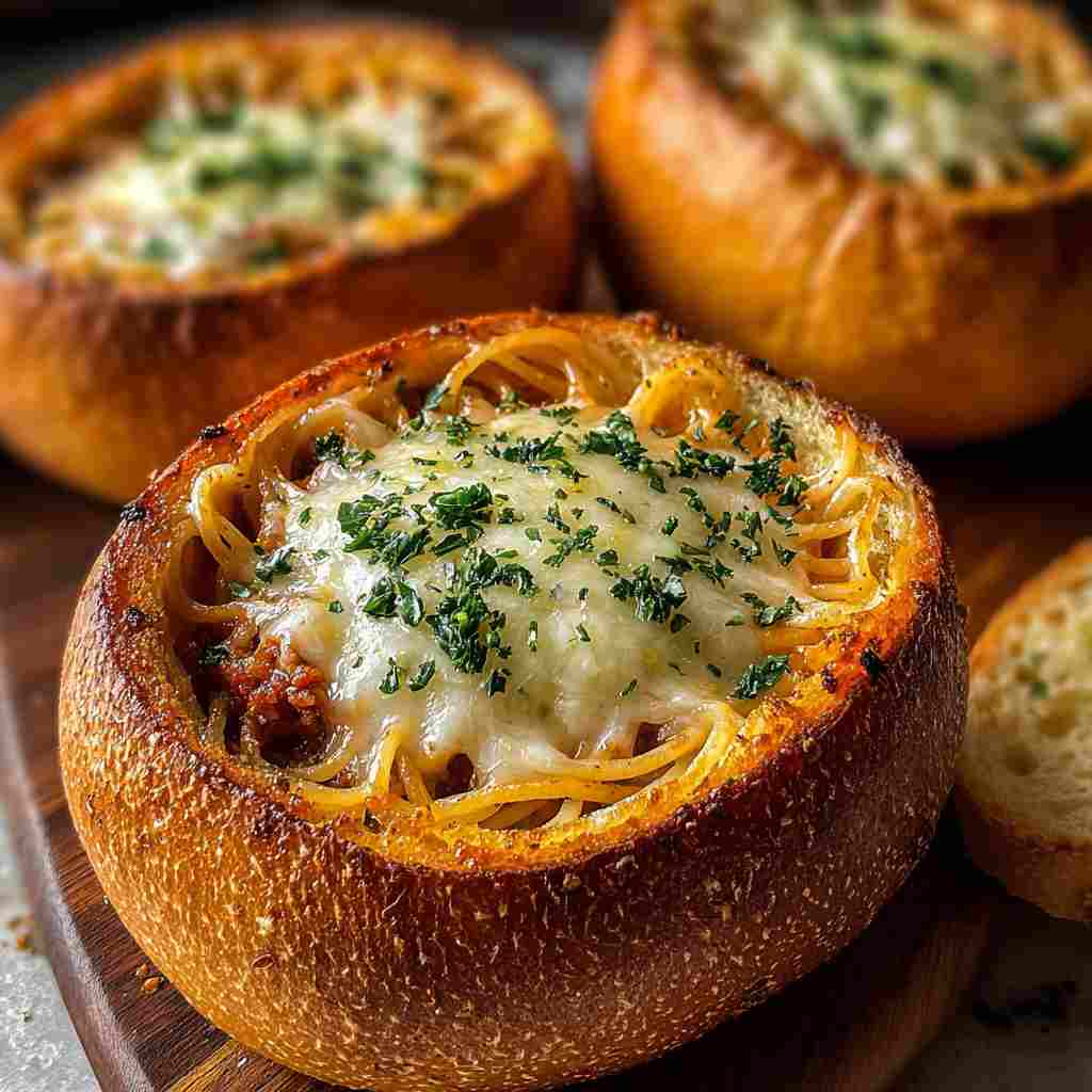 Spaghetti Garlic Bread Bowls