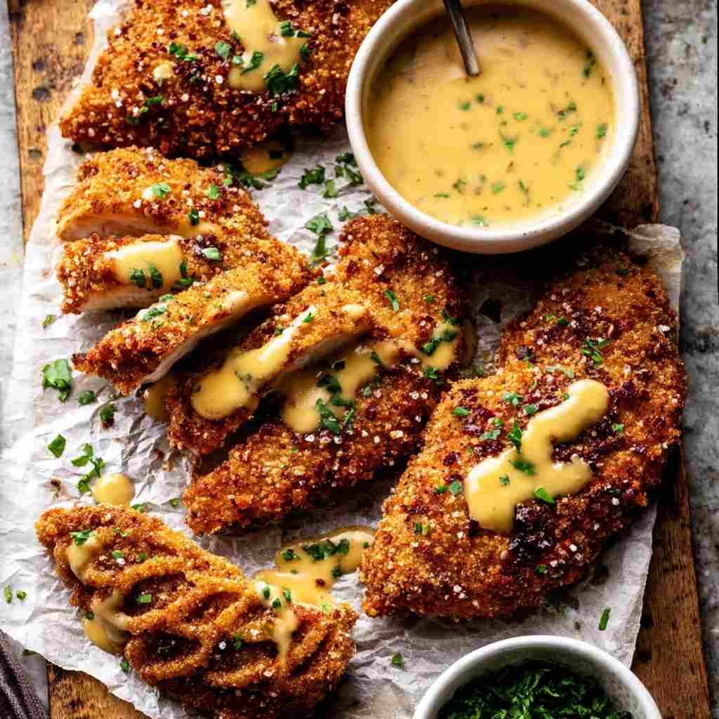 Pretzel Chicken with Mustard-Cheddar Sauce