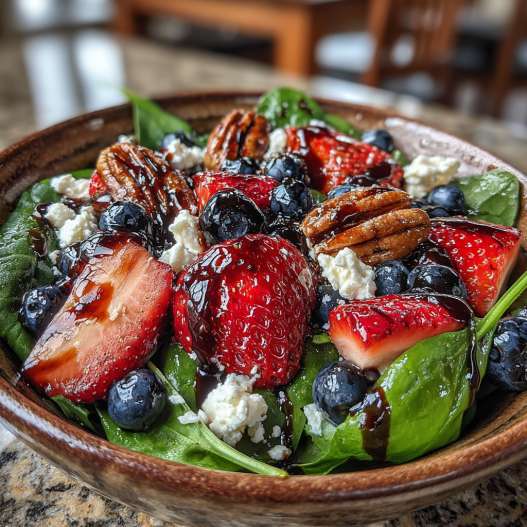 30-Minute Strawberry Spinach Salad with Blueberries, Pecans, Feta cheese, and a Balsamic glaze.