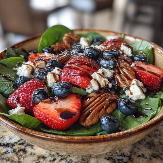 30-Minute Strawberry Spinach Salad with Blueberries, Pecans, Feta cheese, and a Balsamic glaze. process