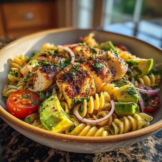 Healthy Chicken Pasta Salad Recipe with Avocado process