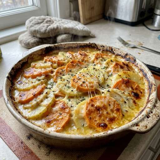 Cheesy Root Vegetable Gratin (Sweet Potato, Potato & Parsnip)