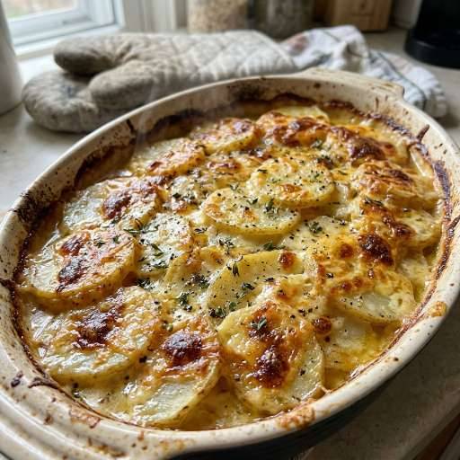 Cheesy Scalloped Potatoes Au Gratin with Garlic Cream Sauce