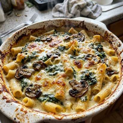 Creamy Parmesan Spinach & Mushroom Pasta Bake