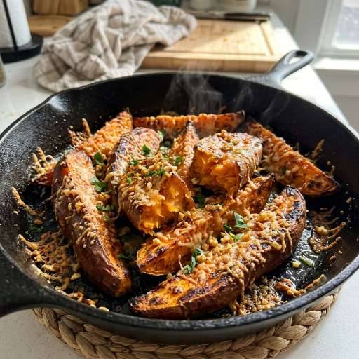 Crispy Garlic Parmesan Roasted Sweet Potatoes