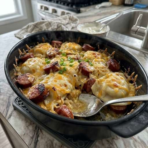 crockpot pierogi casserole with kielbasa